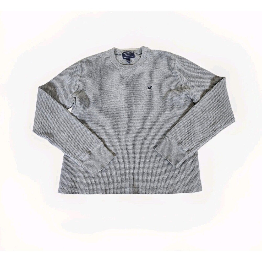 Y2K Vintage American Eagle Waffle Knit Thermal Sweater Gray Mens L 100% Cotton